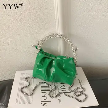 Зеленые женские дизайнерские шикарные мини-кошельки и сумочки со стразами с металлической ручкой для свадебной вечеринки, вечерний клатч из искусственной кожи с круглым бриллиантом