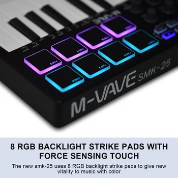 M-VAVE 25-Клавишная MIDI-клавиатура Управления Портативная USB-клавиатура MIDI-контроллер с 25 Чувствительными к скорости Клавишами и 8 Подушечками с подсветкой RGB
