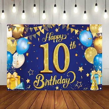 Фон для вечеринки в честь 10-летия Мальчики Девочки Синий Золотой Серебряный Фон для фотосъемки с воздушным шаром Украшение плаката на годовщину года