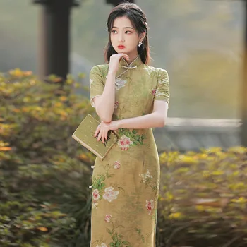 Женские платья Чонсам с пуговицами, одежда для банкетов, китайская традиционная элегантная Ретро Зеленая с цветочным принтом Qipao