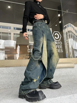 SYUHGFA, широкие джинсы с дырками, мужская одежда, джинсовые брюки с лямками, прямые брюки в стиле ретро, весенняя мода 2024 года