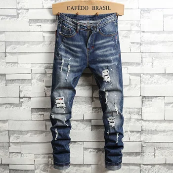 Весенние новые джинсы в стиле ретро, мужские эластичные тонкие ножки, модные джинсовые брюки в стиле хип-хоп с рваными дырками, мужские