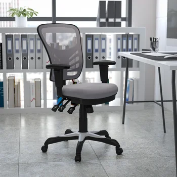 Многофункциональное офисное кресло для руководителей из серой сетки со средней спинкой, поворотное, эргономичное, с регулируемыми подлокотниками