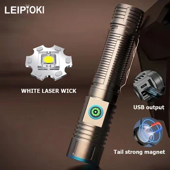 Портативный перезаряжаемый USB светодиодный фонарик с белым лазерным фитилем и магнитом-хвостовиком, масштабируемый тактический фонарь с зажимом для кемпинга