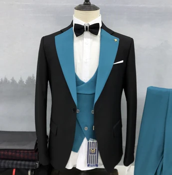 Мужской костюм, черный пиджак, Брюки, жилет, Три предмета, Свадебная темно-синяя шаль, лацкан на одной груди, Приталенный деловой блейзер Masculino