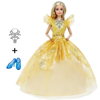 Модное золотое платье для куклы принцессы, праздничная одежда, наряд с туфлями и ожерельем из голубого хрусталя, одежда для куклы Барби, детская подарочная игрушка