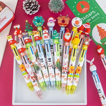 12шт Рождественская 6-цветная выдвижная шариковая ручка с мультяшным Санта-Клаусом и Лосем, разноцветные ручки, Офисные Школьные канцелярские принадлежности, подарки