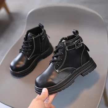 Ботинки для девочек, модные детские ботинки на мягкой резиновой подошве, осенне-зимние короткие ботинки, однотонные ботинки с боковой молнией, универсальные черные ботинки для мальчиков