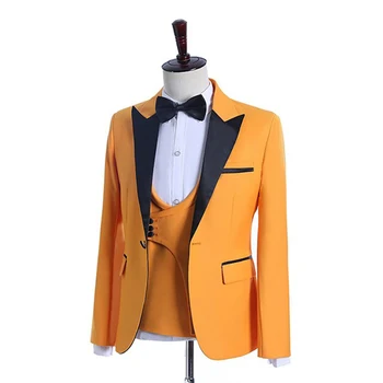 Ярко-оранжевые мужские костюмы Terno Hombres, Однобортный пиджак-тройка с острым лацканом, Брюки, жилет Trajes De Hombre