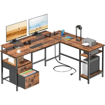 Реверсивный компьютерный стол с ящиком для файлов и 2 подставками для мониторов, 66-дюймовый L-образный стол с розеткой, коричневый в деревенском стиле, бесплатные игры