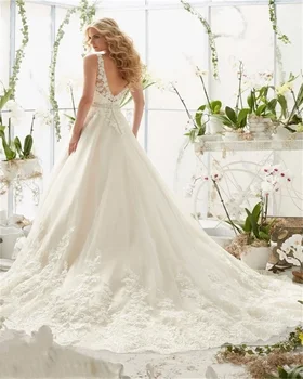 Элегантное белое кружевное свадебное платье с длинным шлейфом, простое свадебное платье на бретельках длиной до пола с V-образным вырезом vestidos de novia 웨딩드레스