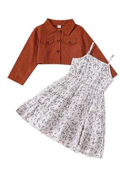 Комплект из 2 предметов для маленьких девочек, платье без рукавов с цветочным рисунком и куртка на пуговицах с длинным рукавом - стильный осенний наряд для детей