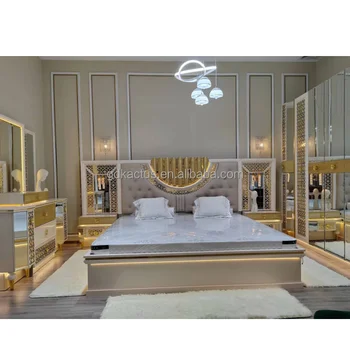 super king size 8 дверей королевский Роскошный комплект мебели для спальни высокого класса royal с зеркальным изголовьем и светодиодной подсветкой спальные гарнитуры