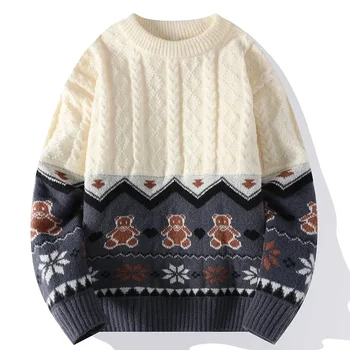 Зимний мужской свитер с медведем в двухцветных блоках, Ветрозащитный свитер с круглым вырезом и вышивкой, мужские повседневные тепловые свитера