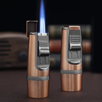 Зажигалки для сигар 3 Факела с ярко-синим Пламенем, Металлический Инструмент для розжига барбекю на открытом воздухе, Ветрозащитный Бутановый Газ, Мужские Подарочные Аксессуары для сигарного дыма