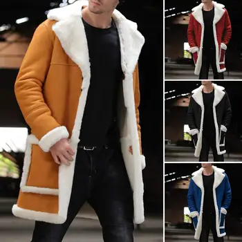 Модная осенне-зимняя мужская куртка средней длины с лацканами, карманами с длинным рукавом, плюшевой подкладкой, верхняя одежда из утолщенной замши, теплая шуба с мехом