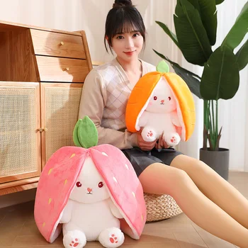 35 см Креативная забавная кукла Морковный кролик, плюшевая игрушка, мягкий кролик, прячущийся в сумке с клубникой, игрушки для подарка на день рождения