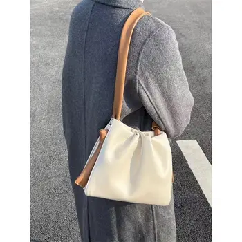 2023 Винтажная Женская сумка для поездок на работу большой емкости, Корейская модная контрастная сумка из мягкой кожи, сумка-ведро через плечо