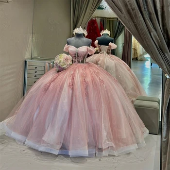 Розовые пышные платья принцессы, Бальное платье с открытыми плечами, Тюлевые аппликации, 16 милых платьев, 15 Мексиканских платьев.