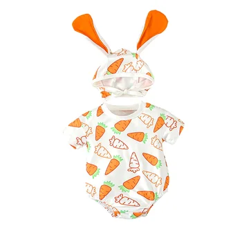 Комбинезон для новорожденных унисекс с коротким рукавом, боди с морковным принтом, шапка с кроликом, 2 предмета летней одежды