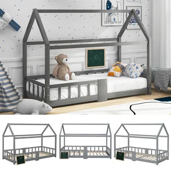 Кровать-домик 90 x 200 см, деревянная кровать для детей, вкл. доска|решетчатые рамы| защита от падения, из сосны, серого цвета (без матраса)