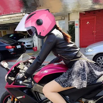 Розовый мотоциклетный шлем, полупокрытие, двойные линзы на лобовом стекле, Всесезонный защитный шлем для женщин