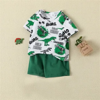 Летняя одежда для маленьких мальчиков, футболка с буквенным принтом динозавра, короткий рукав, круглый вырез, однотонные шорты, комплект из 2 предметов
