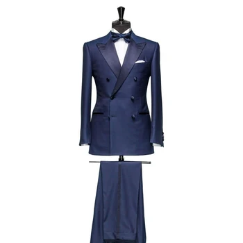 Классический синий костюм Мужской Формальный Двубортный деловой блейзер для вечеринки, Свадебный смокинг жениха, пиджак, брюки, костюм Homme с бантом из 2 предметов