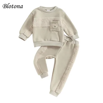 Blotona Baby, осенне-зимняя одежда из 2 предметов, комплект толстовки и штанов с вышивкой мультяшного медведя, комплект теплой одежды для младенцев 3-24 м