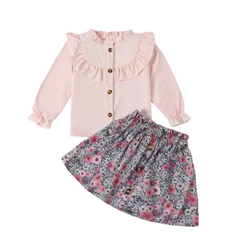 Осенняя одежда для девочек, комплекты из 2 предметов, Розовая однобортная футболка с длинными рукавами и рюшами, топы, юбка с цветочным рисунком на пуговицах, комплекты детской одежды