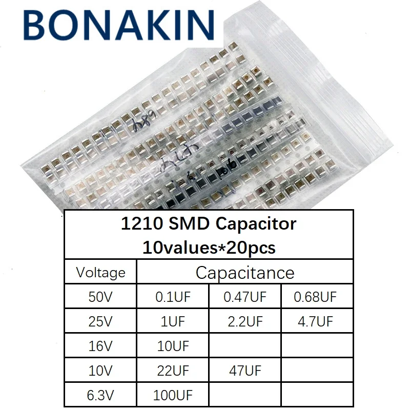 1210 SMD Конденсатор ассорти комплект, 10 значений * 20шт = 200шт 100nF ~ 100uF Набор образцов электронный diy kit