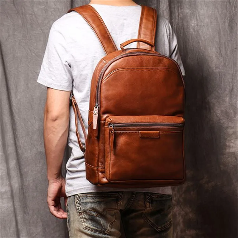Простой винтажный мужской рюкзак из высококачественной кожи, повседневный для путешествий на открытом воздухе, для работы, 15,6-дюймовый рюкзак для ноутбука из натуральной мягкой воловьей кожи для подростков