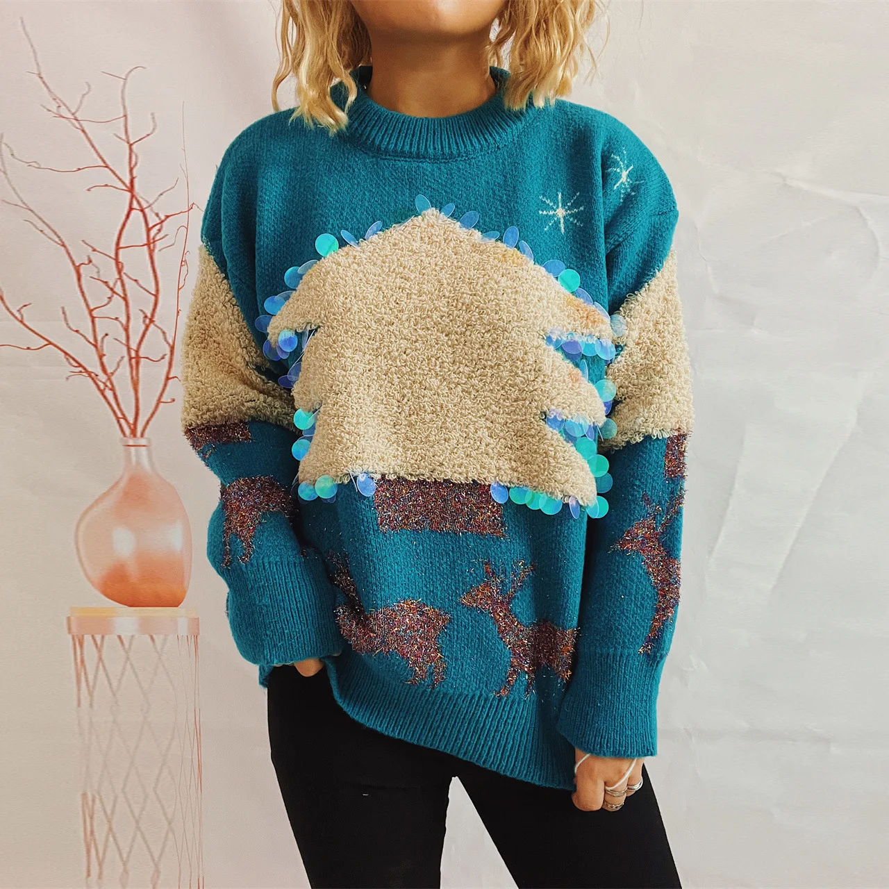 2023 Праздничный свитер ручной работы с блестками Рождественская елка Маленький олень жаккардовый утолщенный пуловер