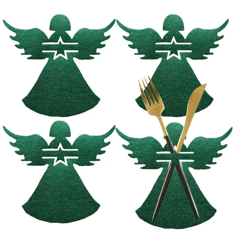 4 шт. Рождественская вилка, нож, ложка, сумка для столовых приборов, карманный рождественский держатель для посуды в форме ангела, сумка для украшений рождественского обеденного стола