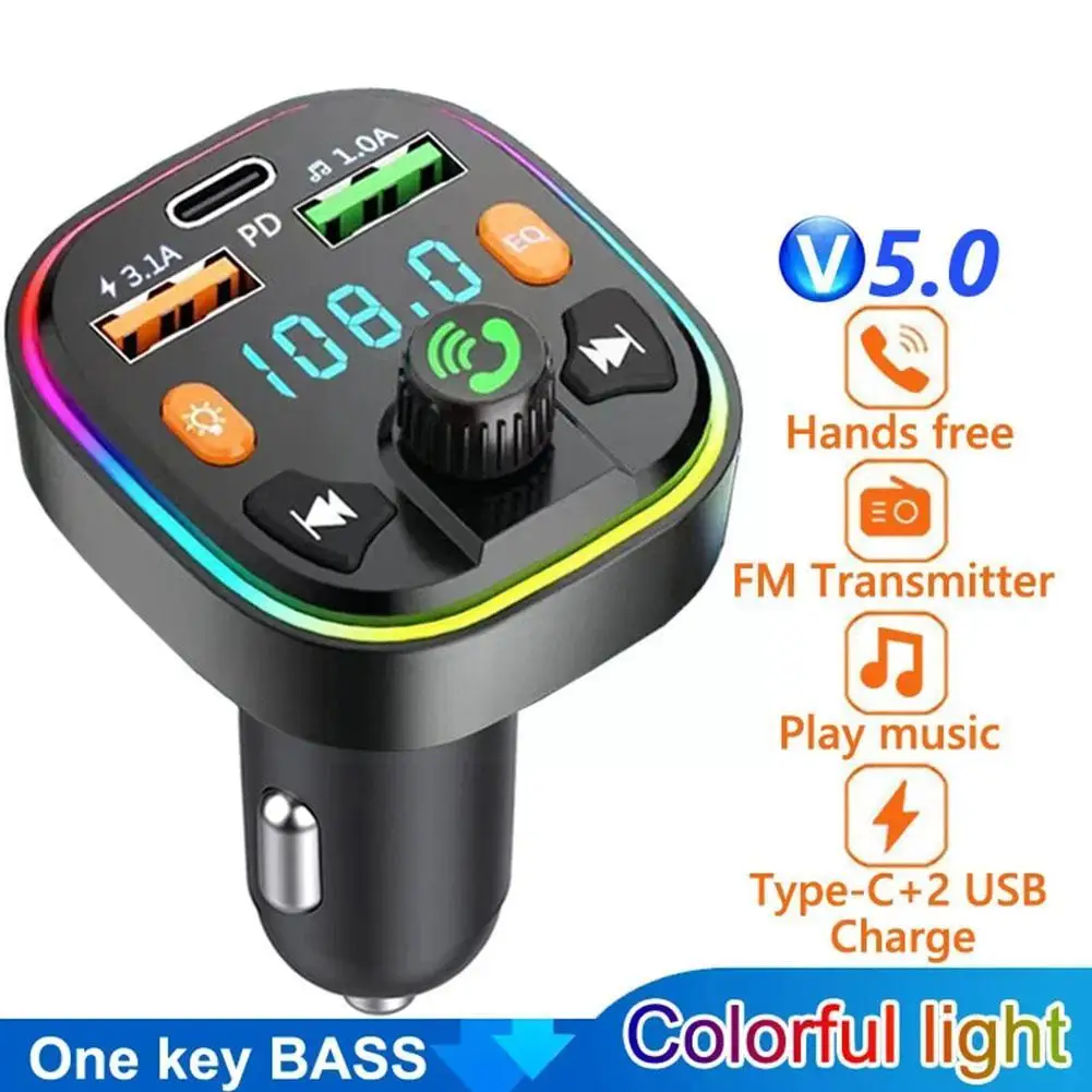 FM-передатчик Type-C с быстрым зарядным устройством USB 3.1A и Bluetooth 5.0 - Автомобильный комплект громкой связи, автомобильный MP3-плеер и зарядка
