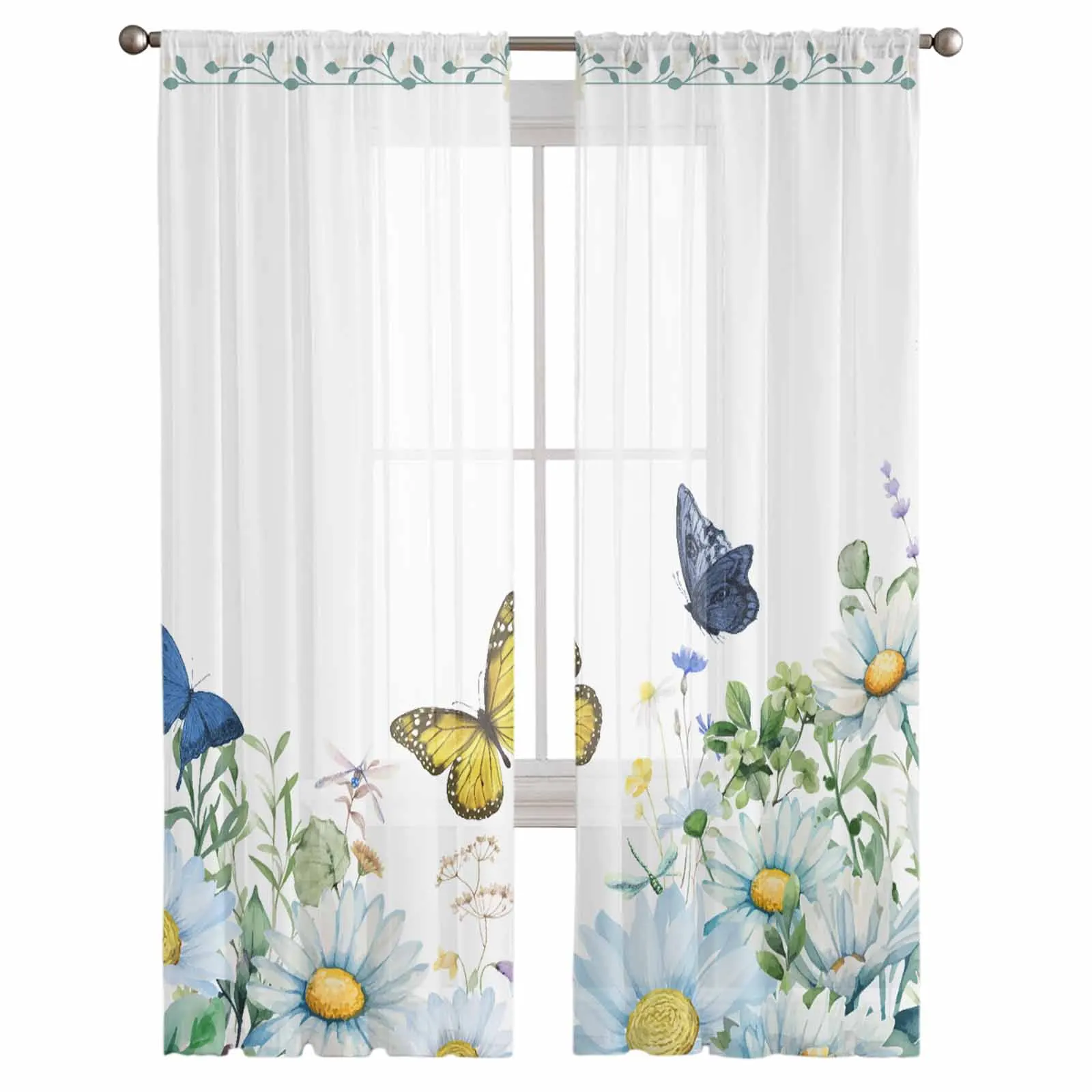 Акварельный цветок, бабочка, тюлевые шторы для гостиной, прозрачная занавеска для спальни, кухонные жалюзи, Вуалевые шторы