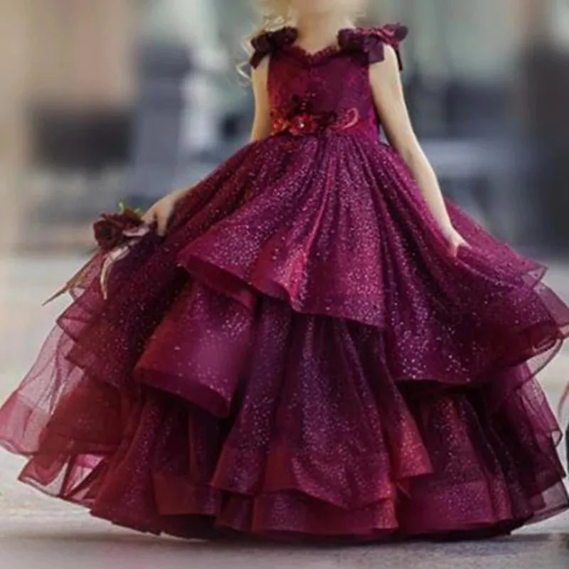 Бордовые платья с цветочным узором для девочек на свадьбу, кружевные бусы, нарядные платья для маленьких девочек с 3D цветочной аппликацией, вечерние платья принцессы