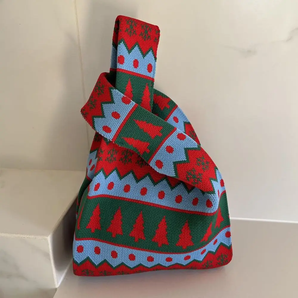 Женская Рождественская вязаная сумка из полиэстера, новый Снеговик, многоразовая сумка-тоут, сумка на запястье с узлом Рождественской елки