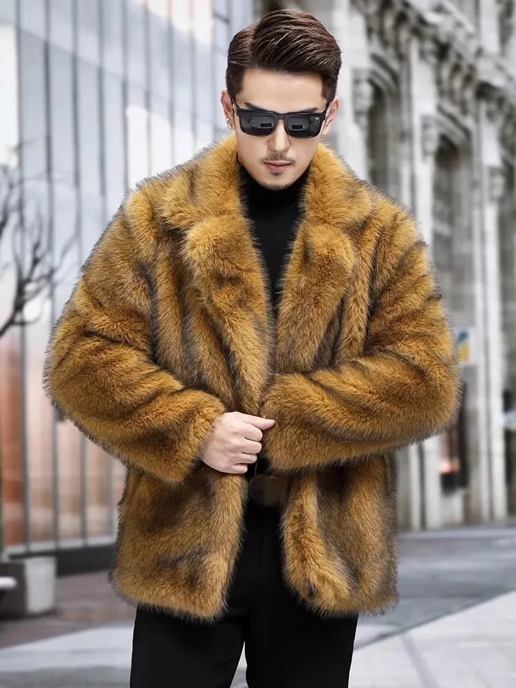 Зимняя мужская куртка из искусственного меха, Роскошная однобортная верхняя одежда свободного кроя с отложным воротником, Модное пальто в стиле хип-хоп, мужское