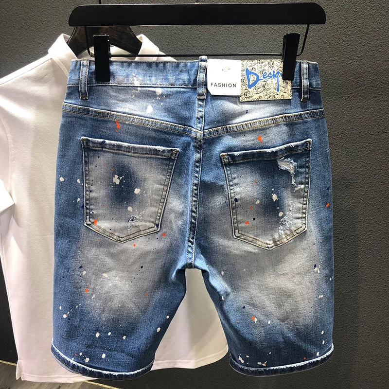 Мужские светло-голубые джинсовые шорты, Летние шорты с дырками, джинсы, Новая мода, мужская уличная одежда, джинсы-стрейч, шорты, брюки, джинсы Srtaight Fit