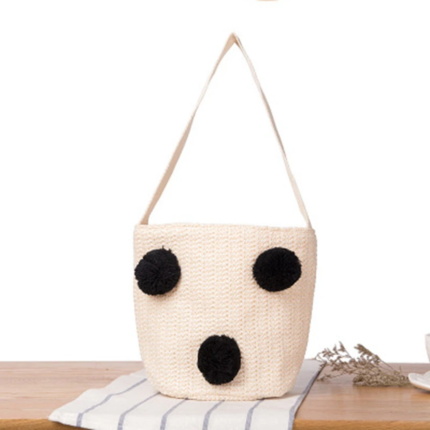 Новая соломенная сумка в британском стиле, милая пляжная сумка с шариком для волос, тканая сумка для отдыха, Плетеная сумка-ведро