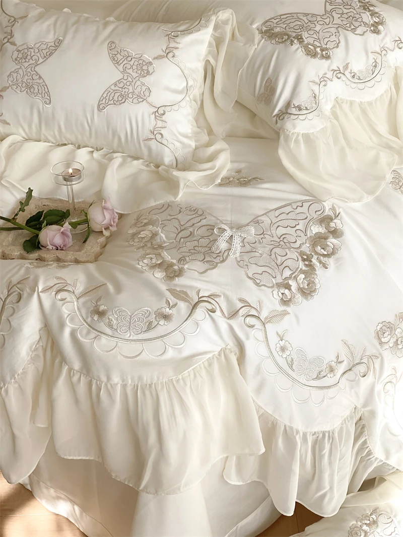 Роскошный Свадебный комплект постельного белья принцессы 1400TC из Египетского хлопка с бабочками и цветами, Кружевная вышивка, Пододеяльник, Простыня, Наволочки