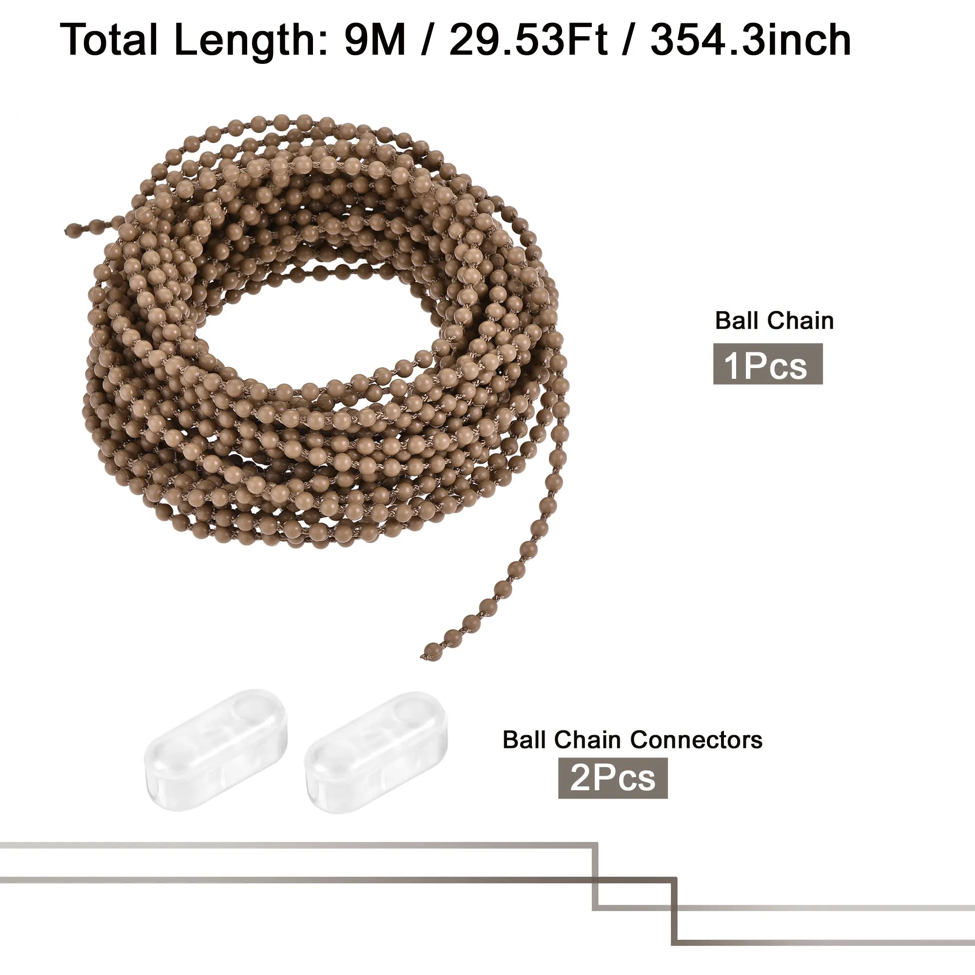 Шариковая цепь Uxcell 4,5 мм x 9 м, тянущий шнур с 2 разъемами для роликового абажура темно-коричневого цвета