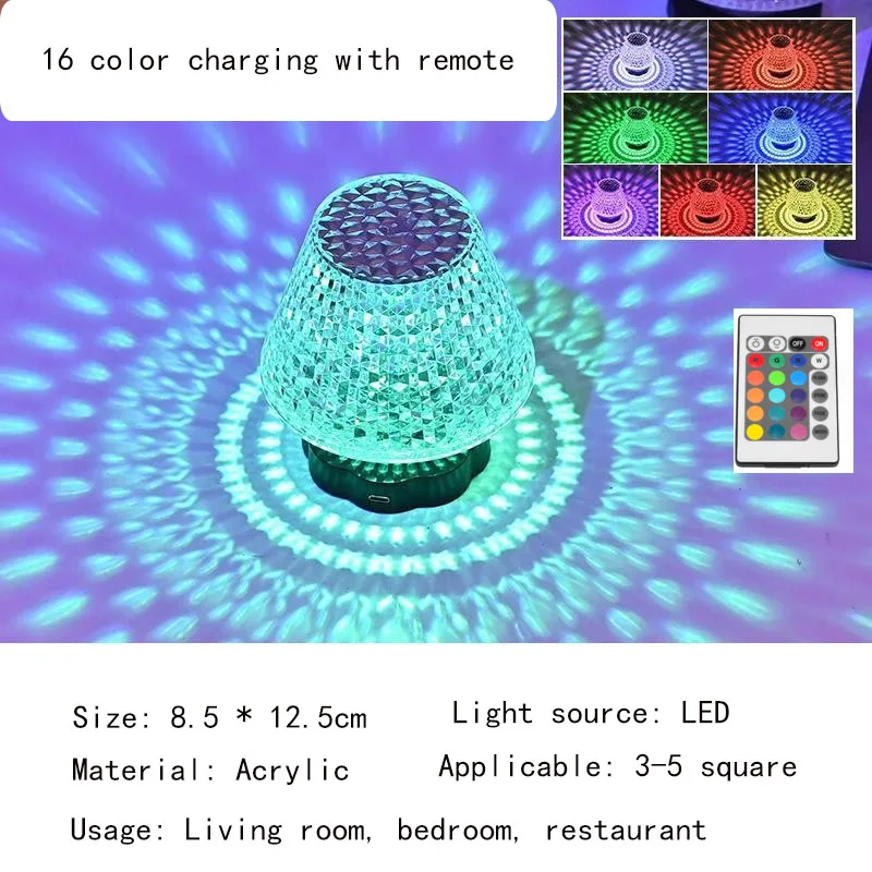 3-цветной / 16-цветной светодиодный ночник, акриловый кристалл, прикроватная лампа для спальни с бриллиантами, USB-зарядка, сенсорное управление, подходит для спальни