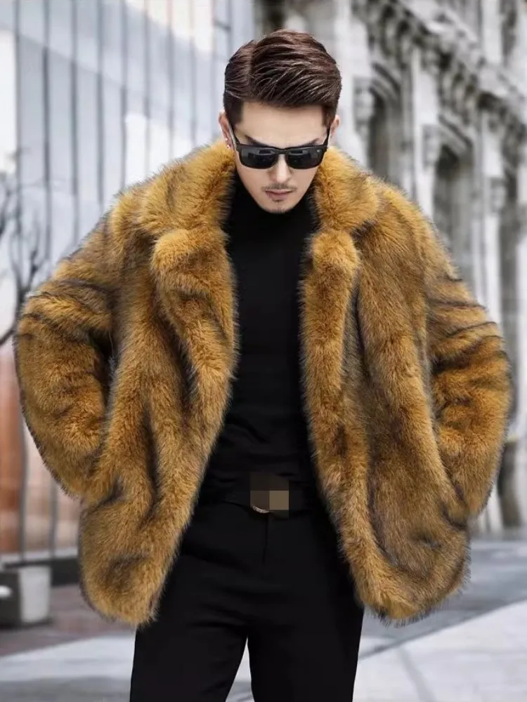 Зимняя мужская куртка из искусственного меха, Роскошная однобортная верхняя одежда свободного кроя с отложным воротником, Модное пальто в стиле хип-хоп, мужское