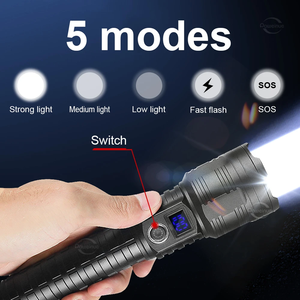 Мощный светодиодный фонарик USB Перезаряжаемая вспышка Аккумулятор 10000 мАч Дальнобойный фонарь с зумом Супер яркий тактический фонарь