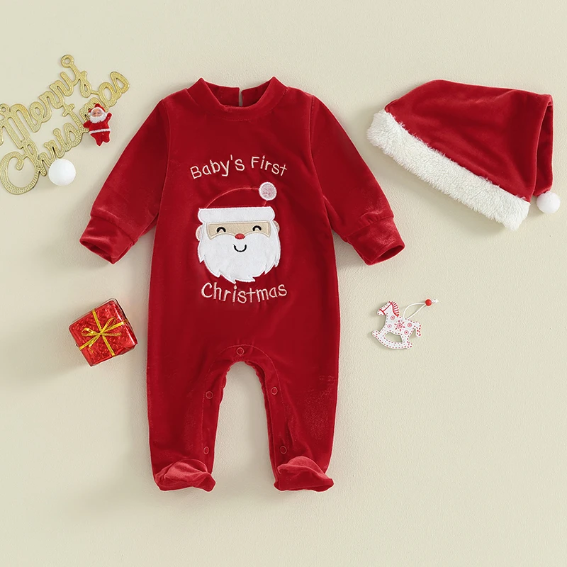 Рождественский наряд для новорожденных мальчиков и девочек с длинным рукавом, бархатный комбинезон с принтом Санта-Клауса, шляпа, комплект из 2 предметов