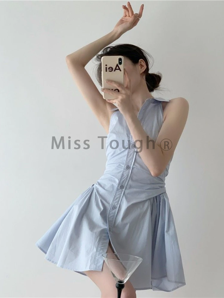 Синее элегантное платье-рубашка в офисном стиле, женское мини-платье без рукавов в Корейском стиле, шикарное Дизайнерское цельное платье Лето 2022