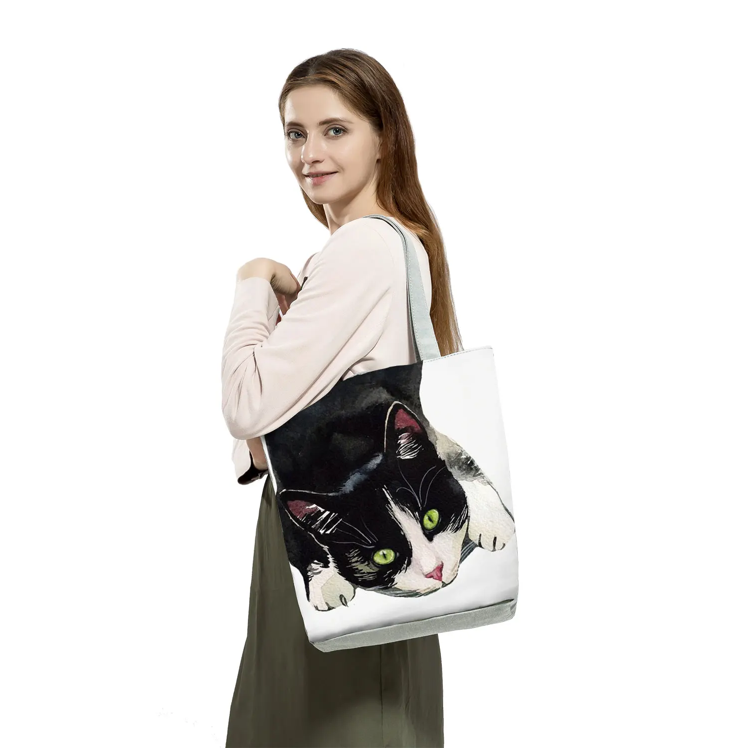 Сумки для акварельных покупок многоразового использования Cat Women Book Eco Tote Bag Индивидуальные Дизайнерские сумки для рисования, Милая школьная сумка для покупок с принтом