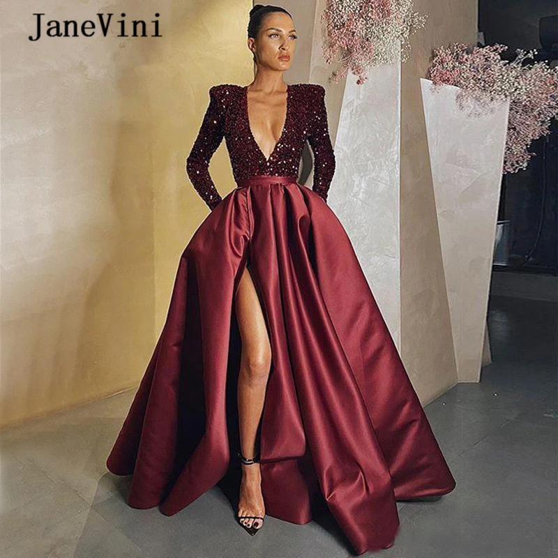 JaneVini Сексуальные мусульманские вечерние платья бордового цвета с длинными рукавами и глубоким V-образным вырезом, с блестками, с высоким разрезом, вечерние платья из арабского атласа в Дубае.